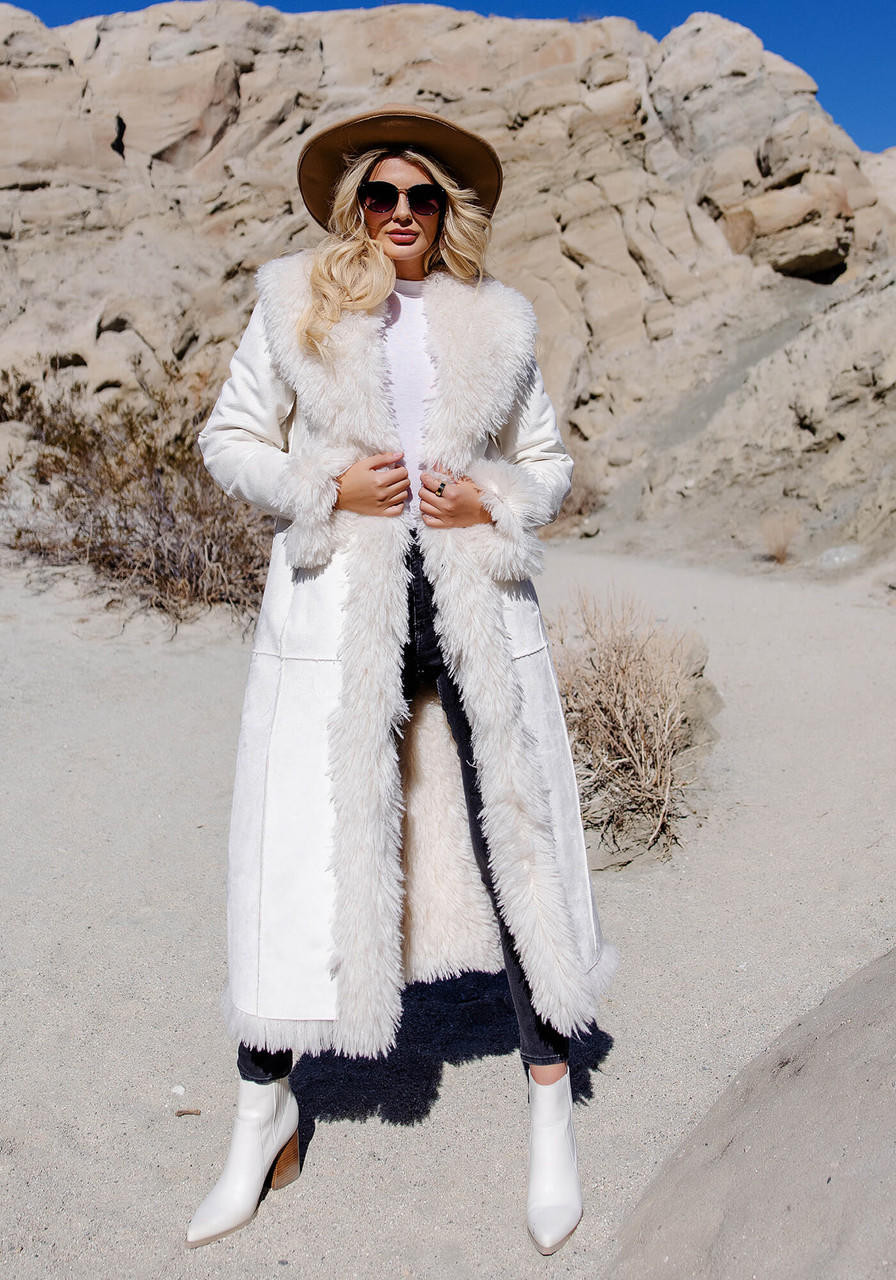 Ivory Faux Suede & Shearling Big Sky Full-Length Coat