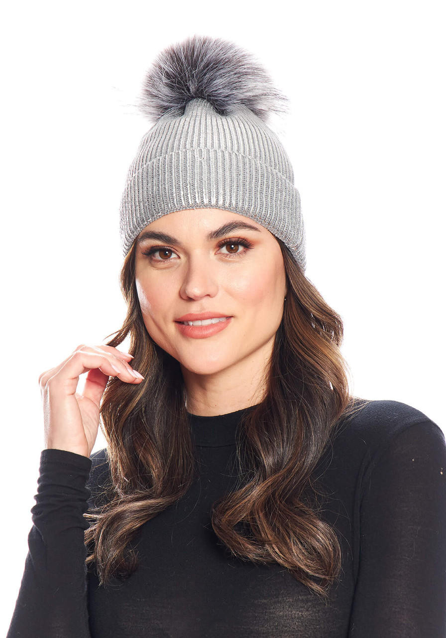 Silver fur pom pom beanie - Real fur pompom hat