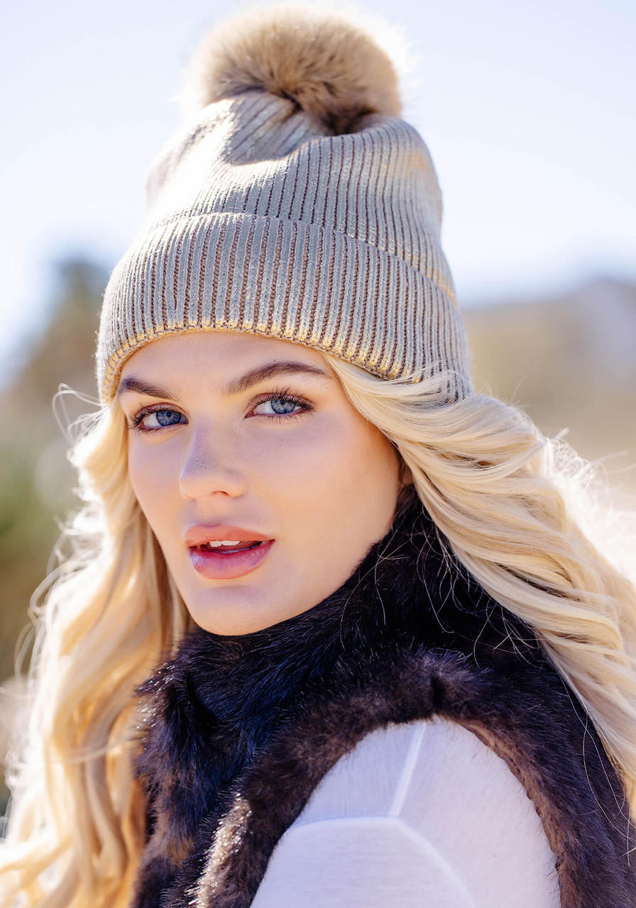 Gold Metallic Knit Faux Fur Pom Hat