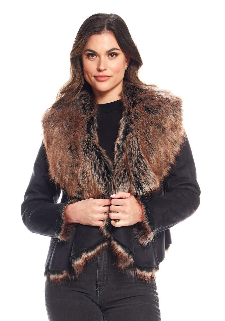 Black Faux Suede & Faux Fur Denali Cascade Jacket Women