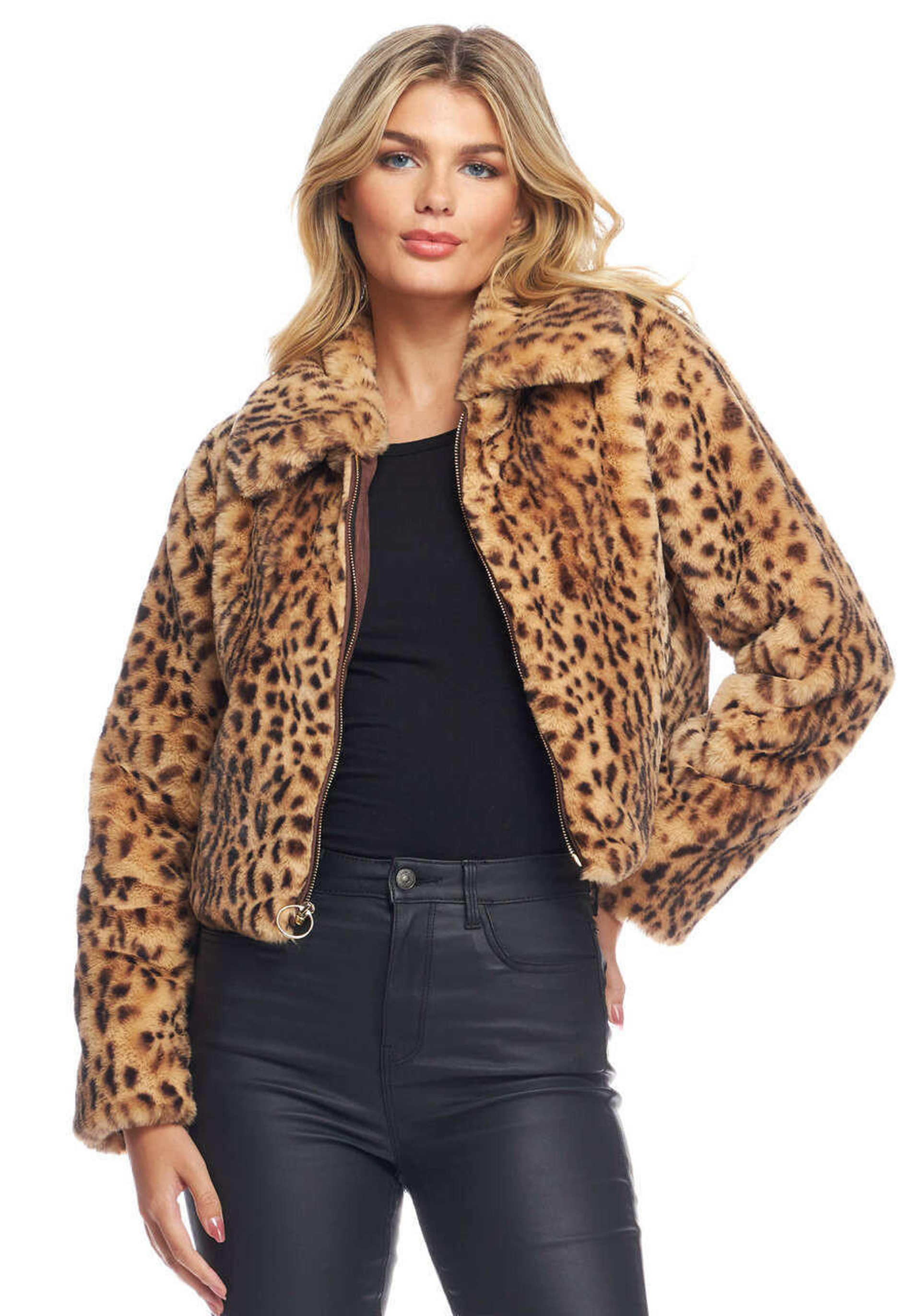 Leopard Faux Fur Wild Card Zip Chubby Jacket