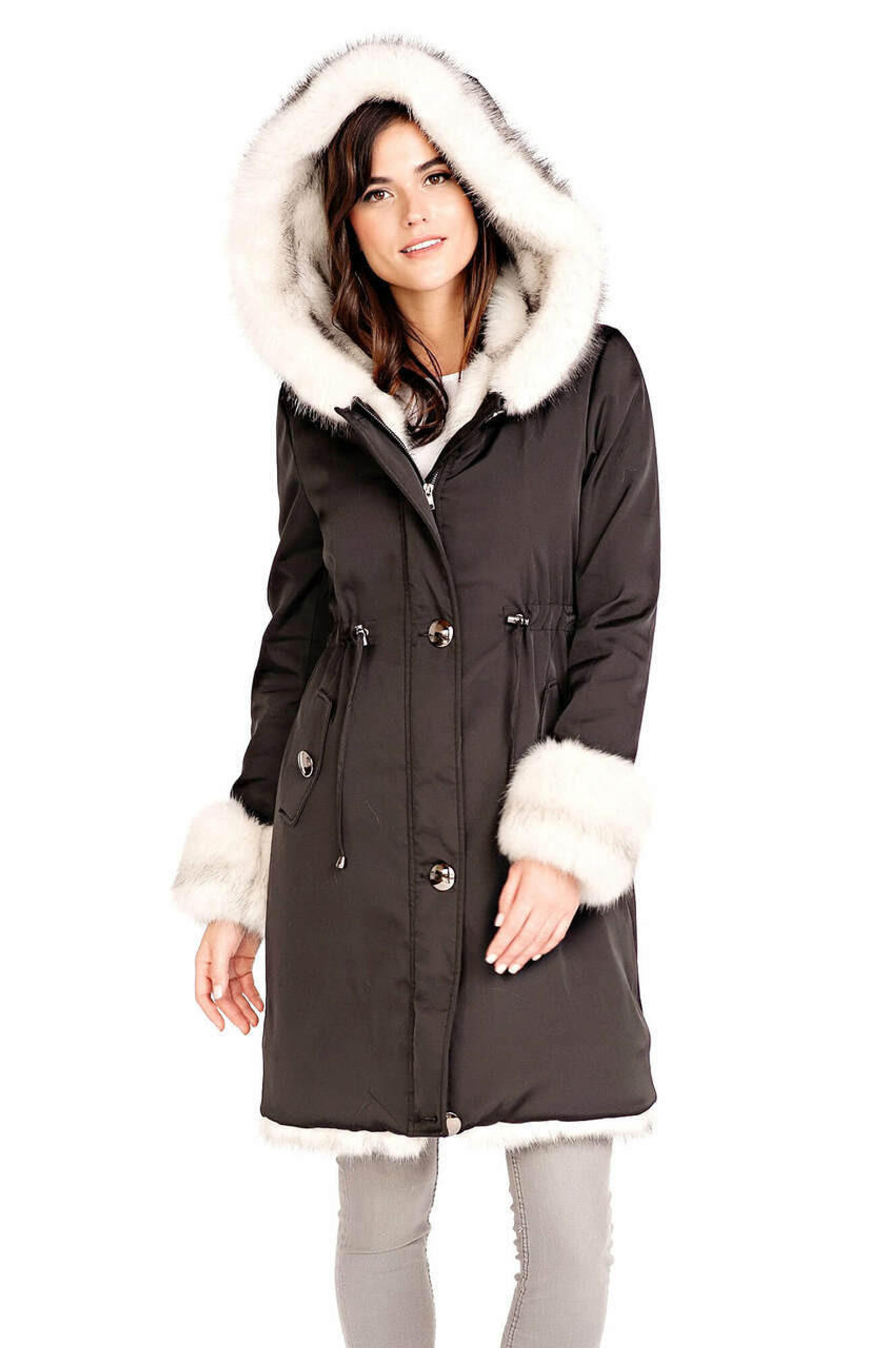 Black Hooded Faux Fur-Lined Knee-Length Storm Coat