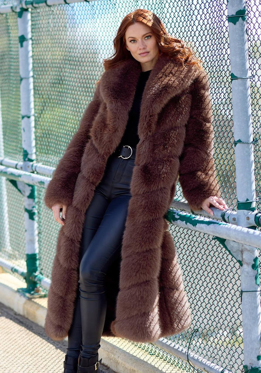 Espresso Fox Faux Fur Vale Full-Length Coat - Fabulous Furs