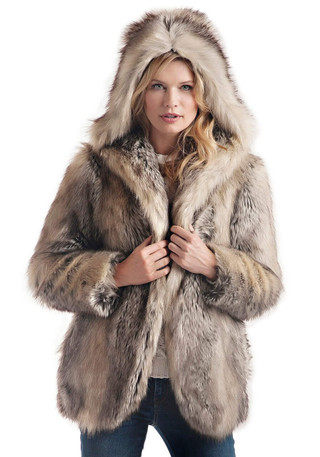 Grey Fox Faux Fur Hooded Coat Women Fabulous-Furs