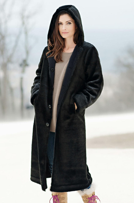 Fabulous-Furs Black Faux Fur Hooded Reversible Storm Coat 