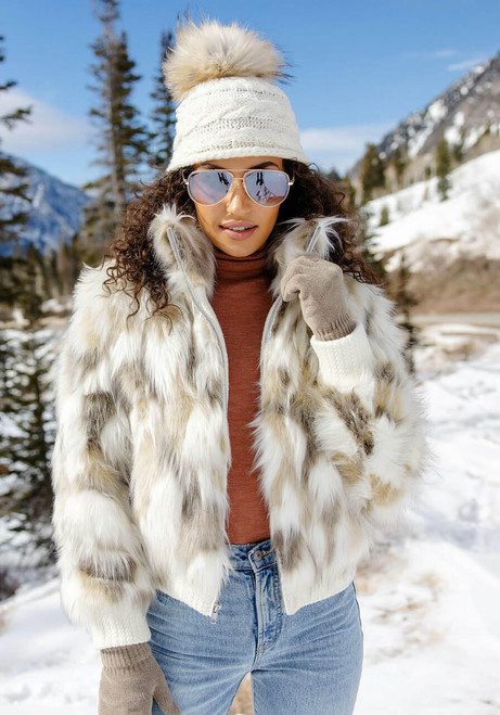  Natural Faux Fur Apres Ski Bomber Jacket 