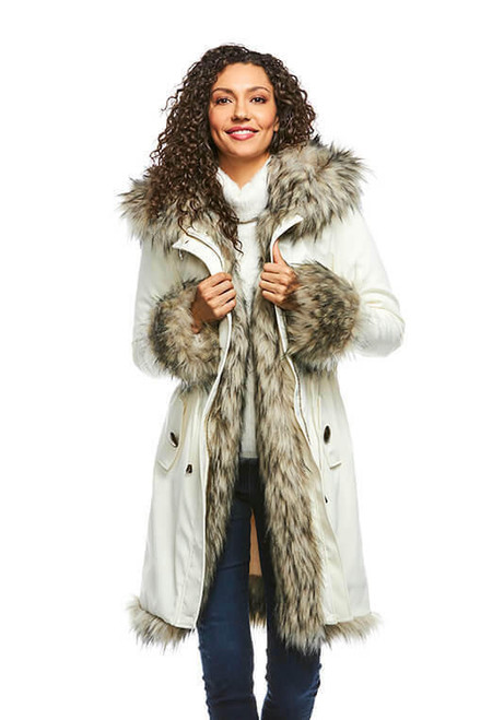 Fabulous-Furs Ivory Hooded Faux Fur-Lined Knee-Length Storm Coat 