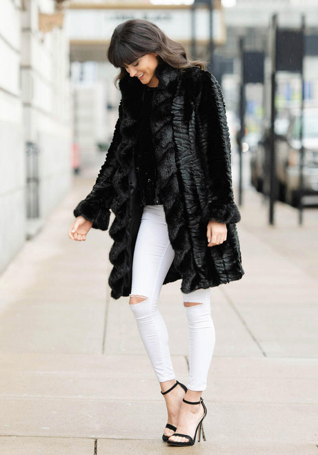 Fabulous-Furs Black Broadtail Knee-Length Faux Fur Coat 