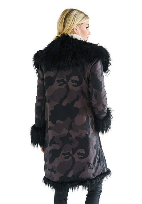Fabulous-Furs Camo Oversized Faux Fur Collar Storm Coat 