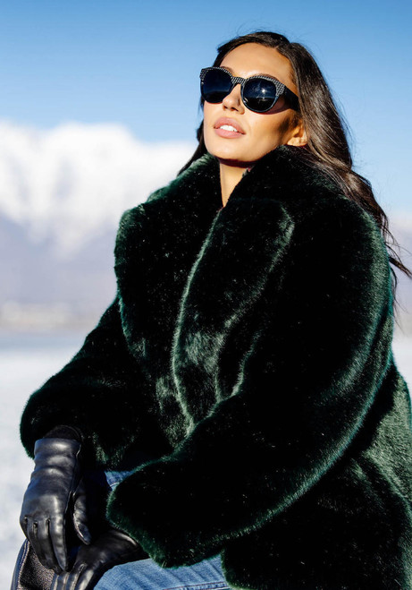  Emerald Mink Faux Fur Couture Notch Collar Coat 