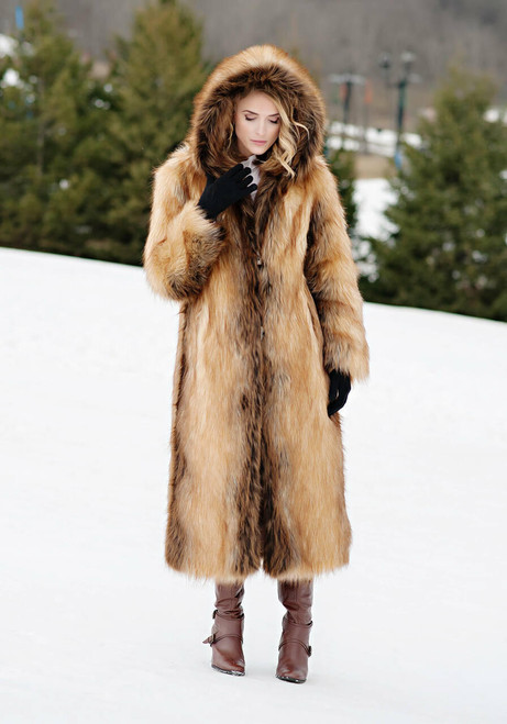 Fabulous-Furs Red Fox Hooded Full-Length Faux Fur Coat 