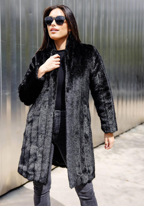 Fabulous-Furs Black Mink Signature Knee-Length Faux Fur Coat 