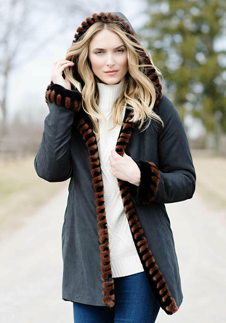 Fabulous-Furs Black Faux Fur-Lined Storm Coat 