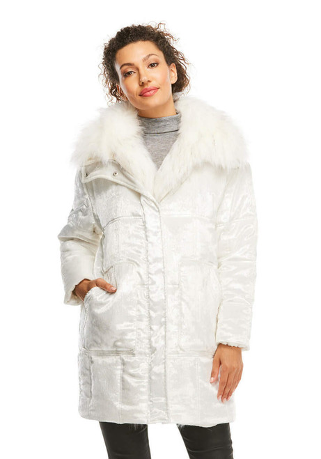 Fabulous-Furs Frosted White Faux Fur Velvet Puffer Coat 
