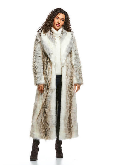 Tundra Wolf Shawl Collar Full-Length Faux Fur Coat
