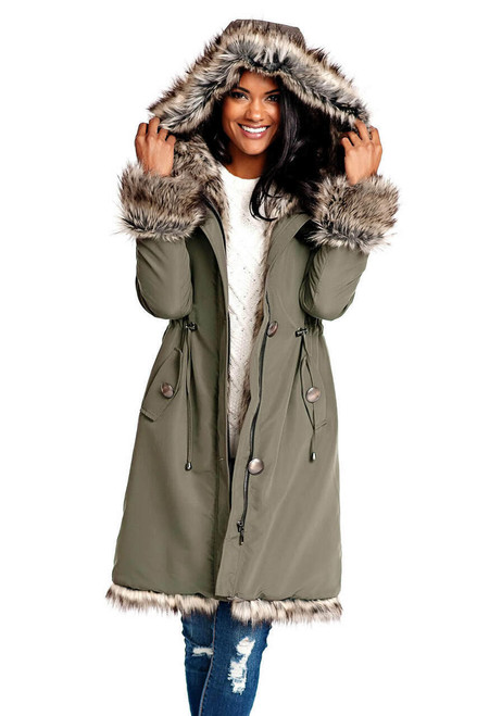 Fabulous-Furs Olive Hooded Faux Fur-Lined Knee-Length Storm Coat 