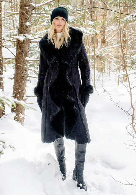 Fabulous-Furs Black Fox Cascade Full-Length Faux Fur Coat 
