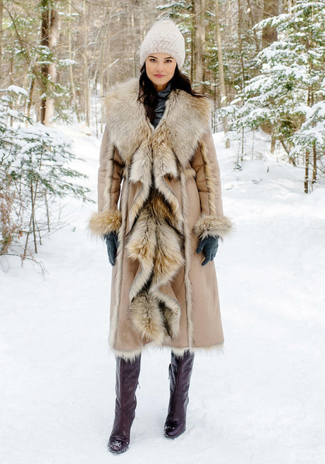 Fabulous-Furs Tan Wolf Cascade Full-Length Faux Fur Coat 