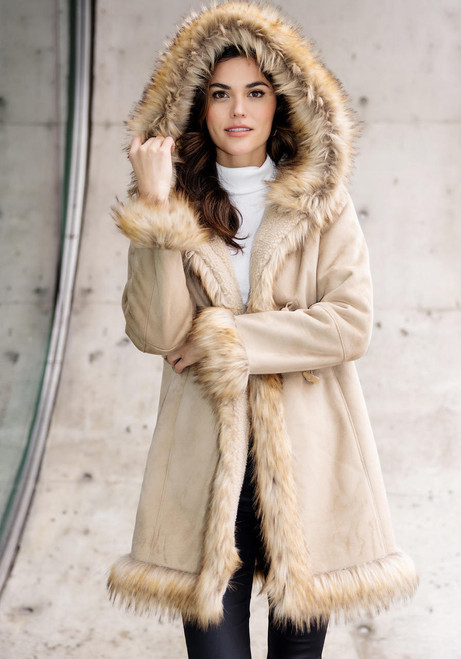  Latte Faux Suede & Faux Fur Alpine Hooded Coat 