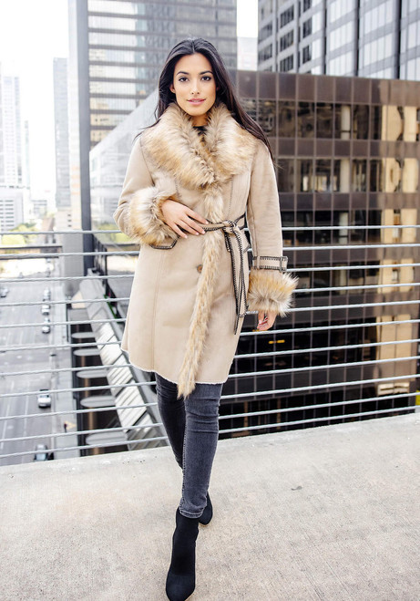 Fabulous-Furs Latte Faux Fur Fox Collar Suede Dakota Coat 