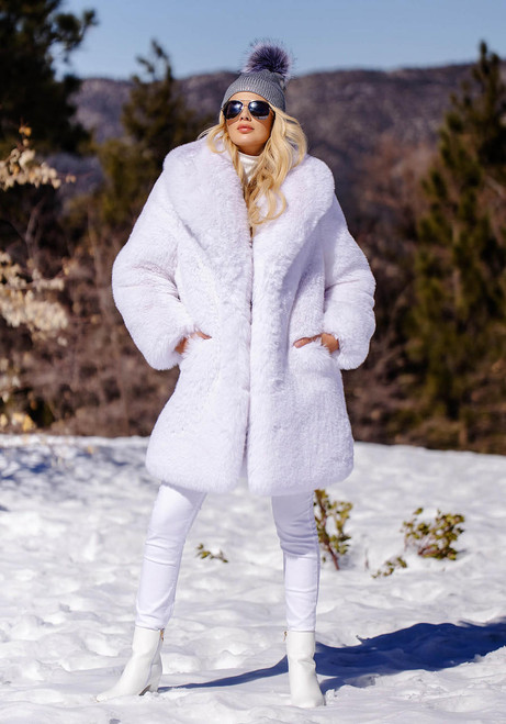 Fabulous-Furs White Faux Fur Snow Stopper Knee-Length Coat 