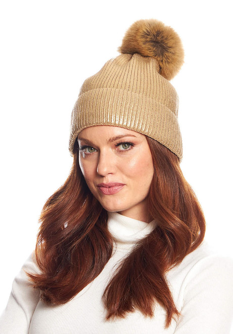 Fabulous-Furs Gold Metallic Knit Faux Fur Pom Hat 