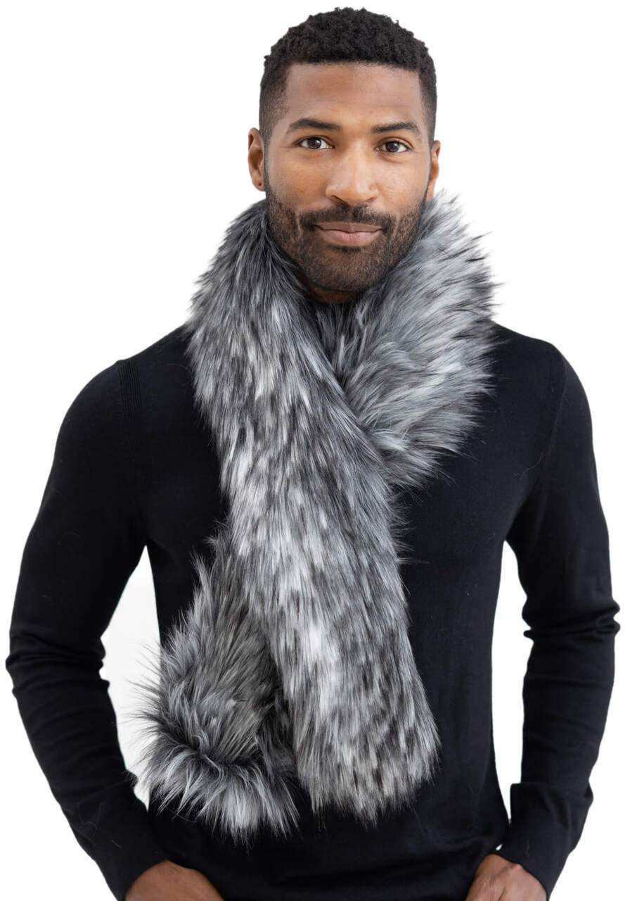 100% Real Silver Fox Fur Collar Fur Scarves Men's Fur Scarf Whole Skin with  Clip
