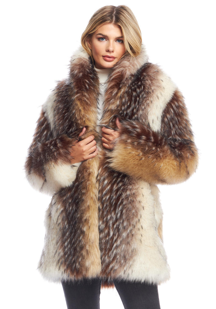 Arctic Wolf Faux Fur Shawl Collar Coat