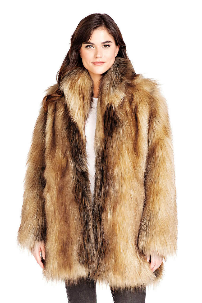 Ladies high-low length jacket. Fox fur collar, cuffs and bottom Style –  Jakewood