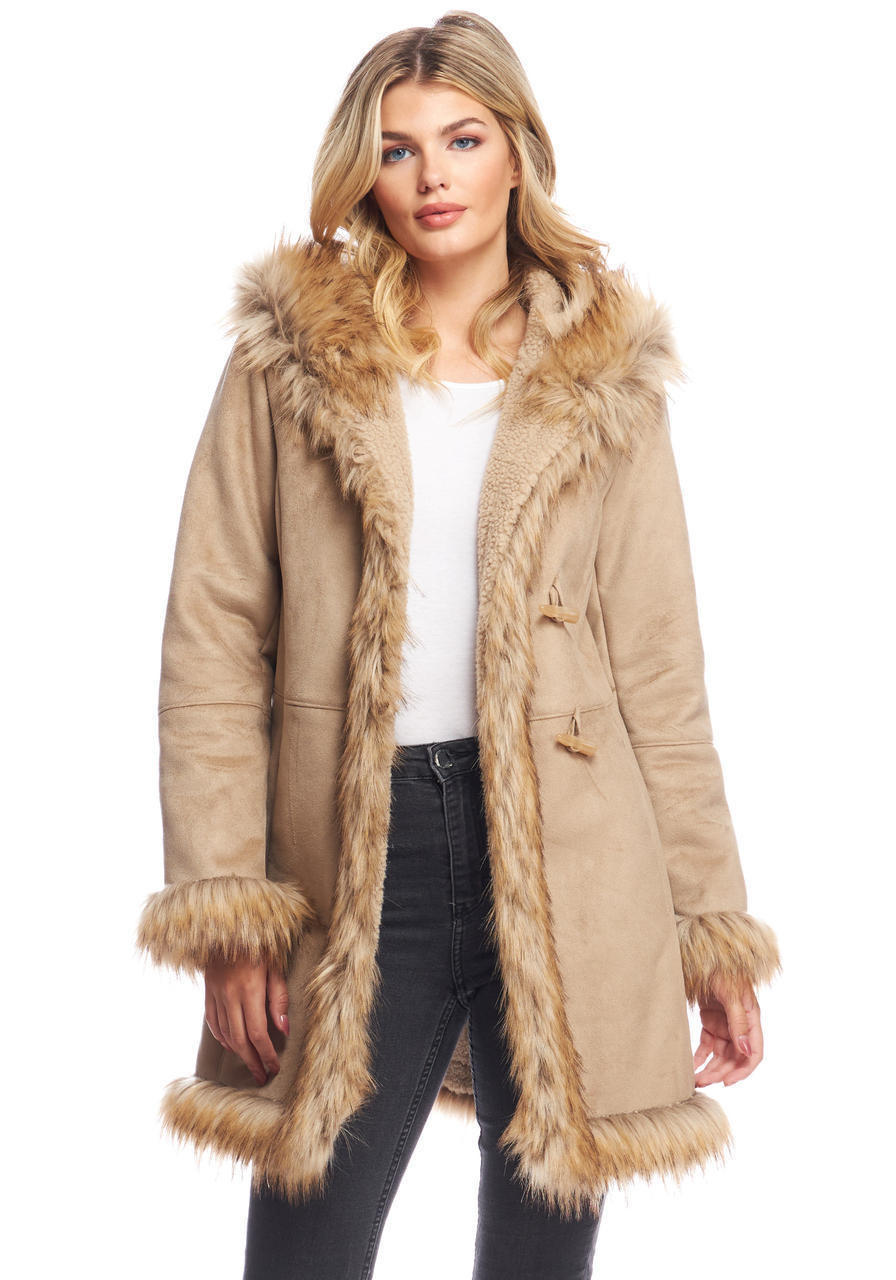Donna Salyers' Fabulous-Furs Latte Faux Suede & Faux Fur Alpine Hooded Coat (XS) | Fabulous Furs by Fabulous Furs