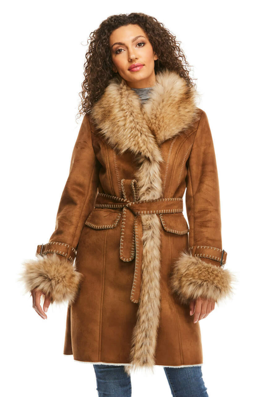 Tan Wolf Cascade Full-Length Faux Fur Coat