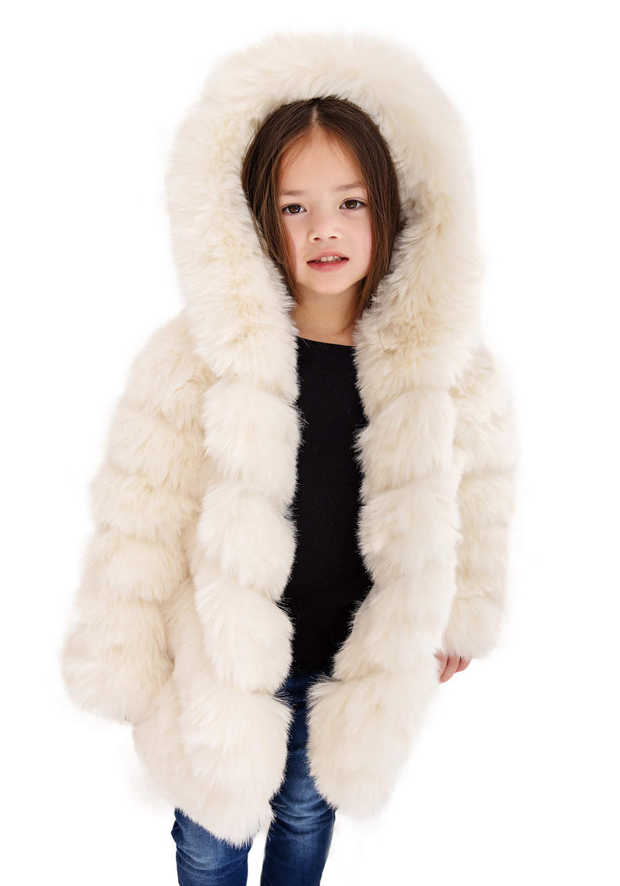 Ivory Fox Faux Fur Chateau Chevron Hooded Coat