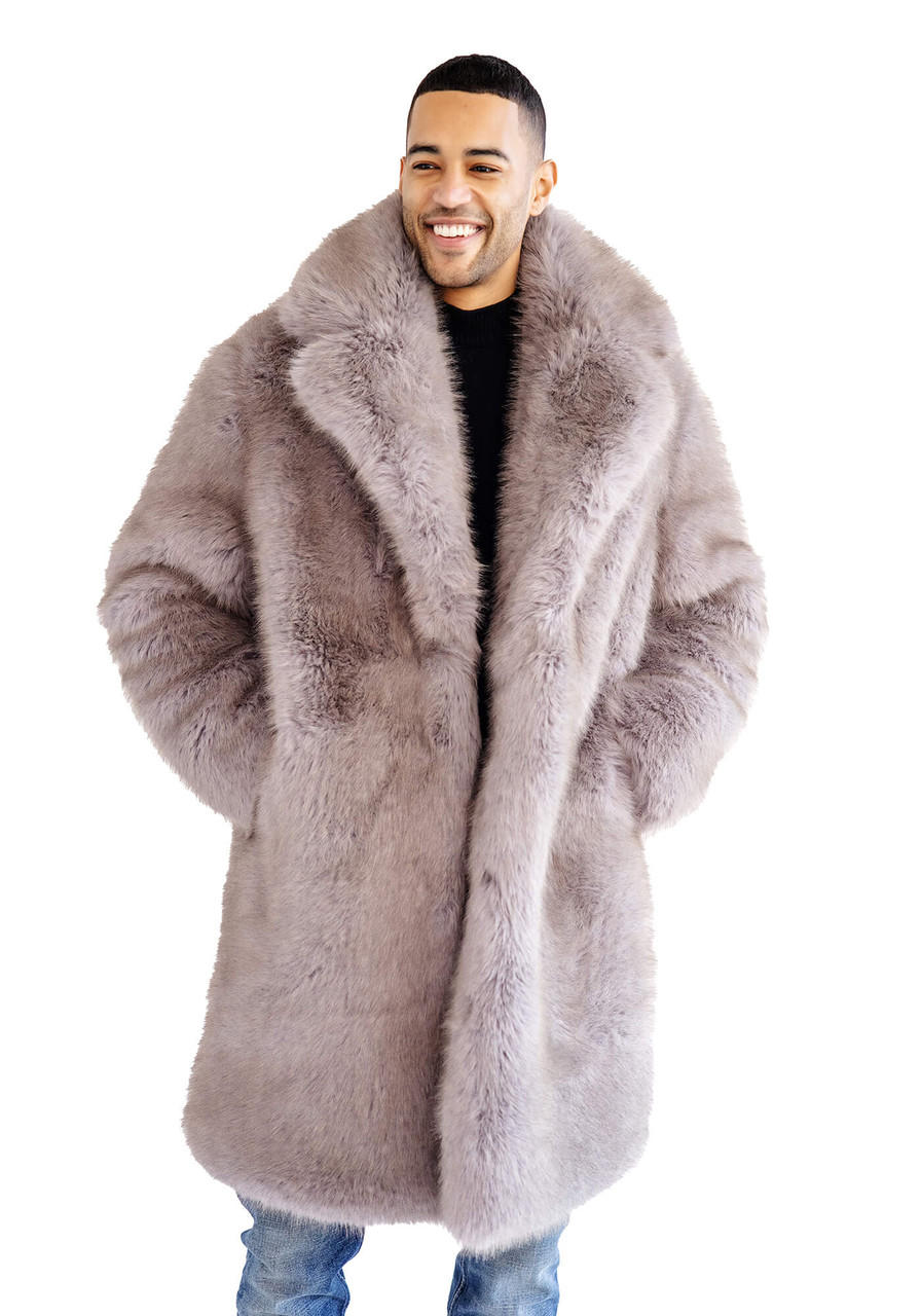 Fabulous Furs Men's Shawl Collar Faux Fur Coat Arctic Wolf