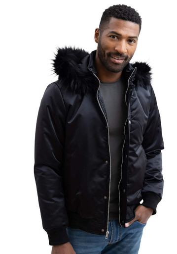 Men's Black Courtside Faux Fur-Trimmed Bomber Jacket