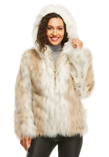 【snow white】Winter  Love  Faux  Fur Coat Women's Snow Lynx Ivory/tan/ Brown Printed Cuddle Faux Fur