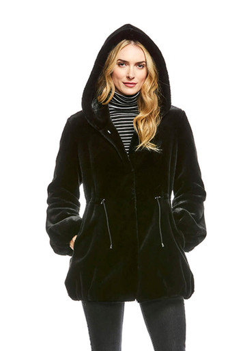 Black Sheared Beaver Hooded Faux Fur Anorak Coat