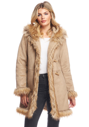 Latte Faux Suede & Faux Fur Alpine Hooded Coat