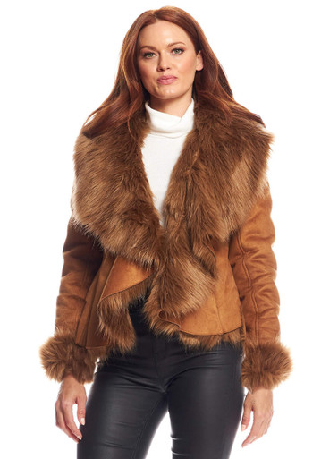 Tobacco Faux Suede & Faux Fur Denali Cascade Jacket Women