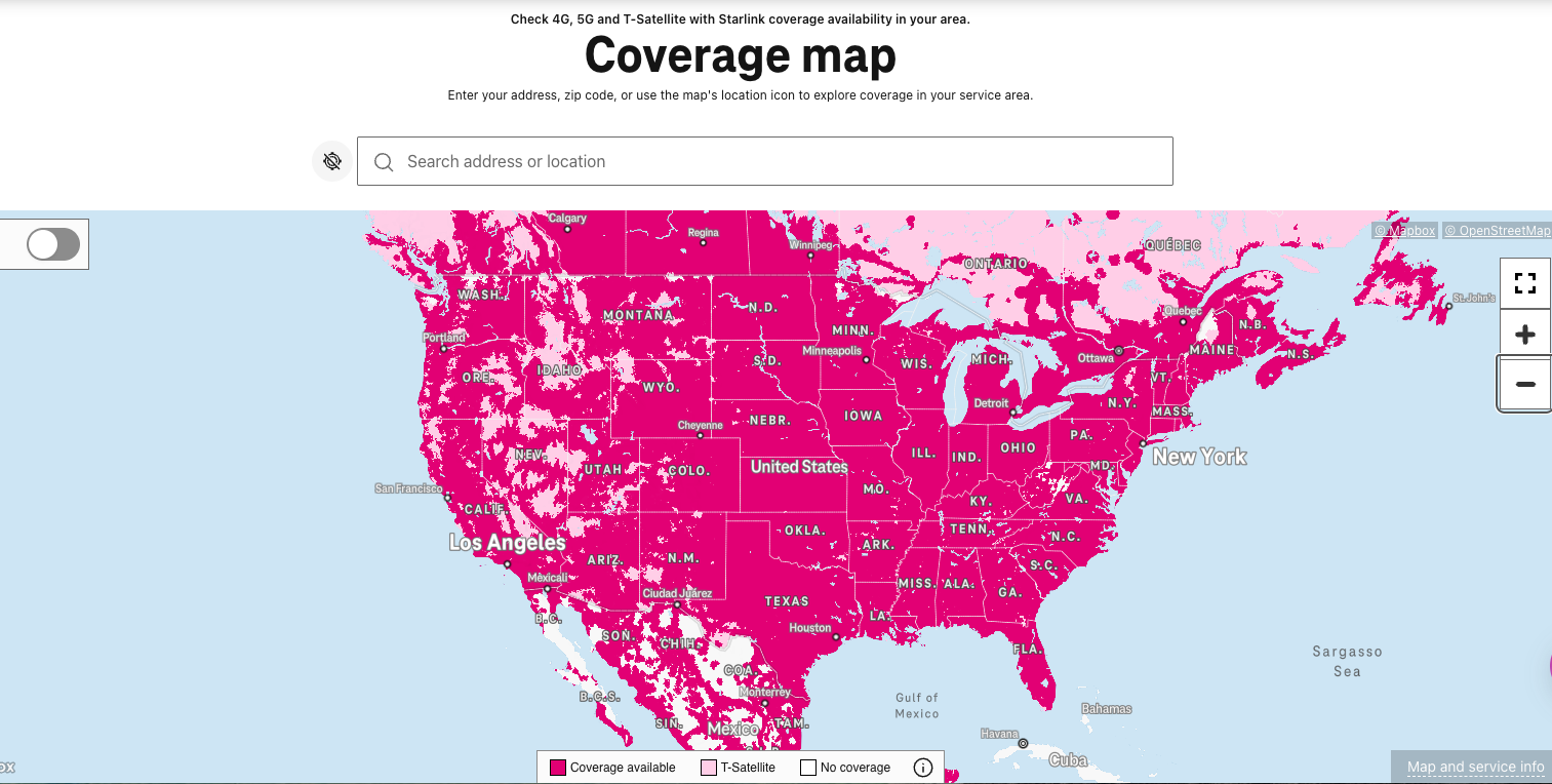 T-Mobile coverage map with the address search box