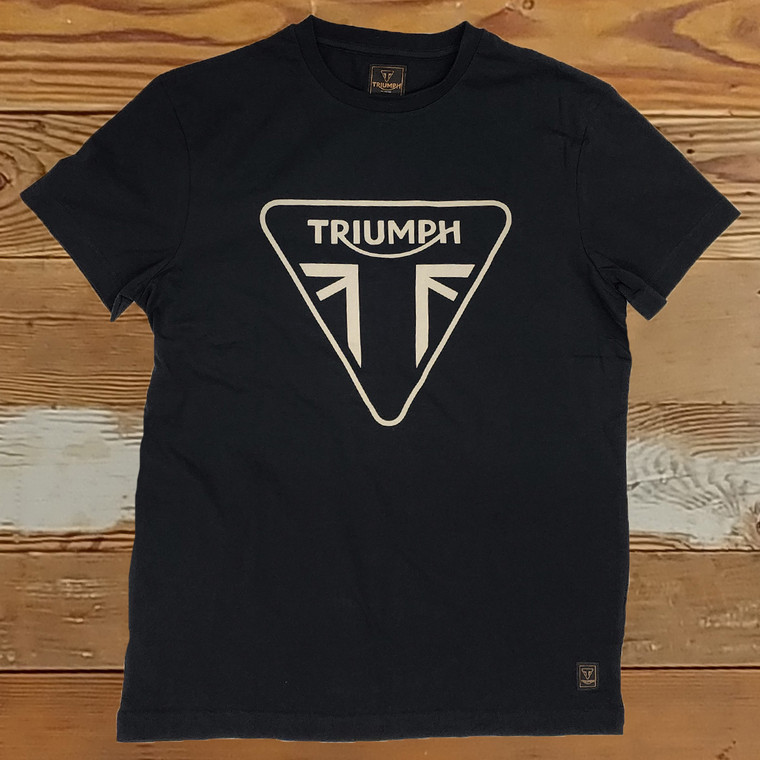 Classic 100% cotton Black tee featuring high-quality Official Triumph logo in White and new signature Triumph-branded woven badge towards the lower hem.