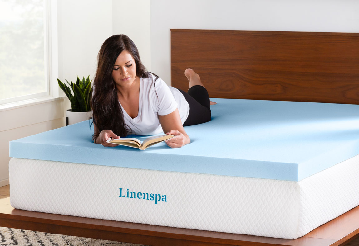 Woman Reading Book on Linenspa 3" Gel Memory Foam Mattress Topper