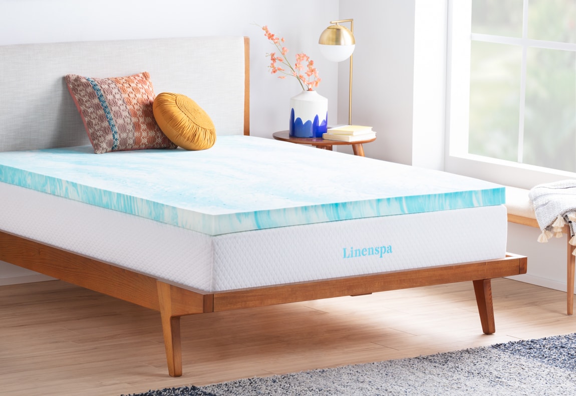 Linenspa 3 Inch Gel Swirl Memory Foam Mattress Topper on Wood Bed