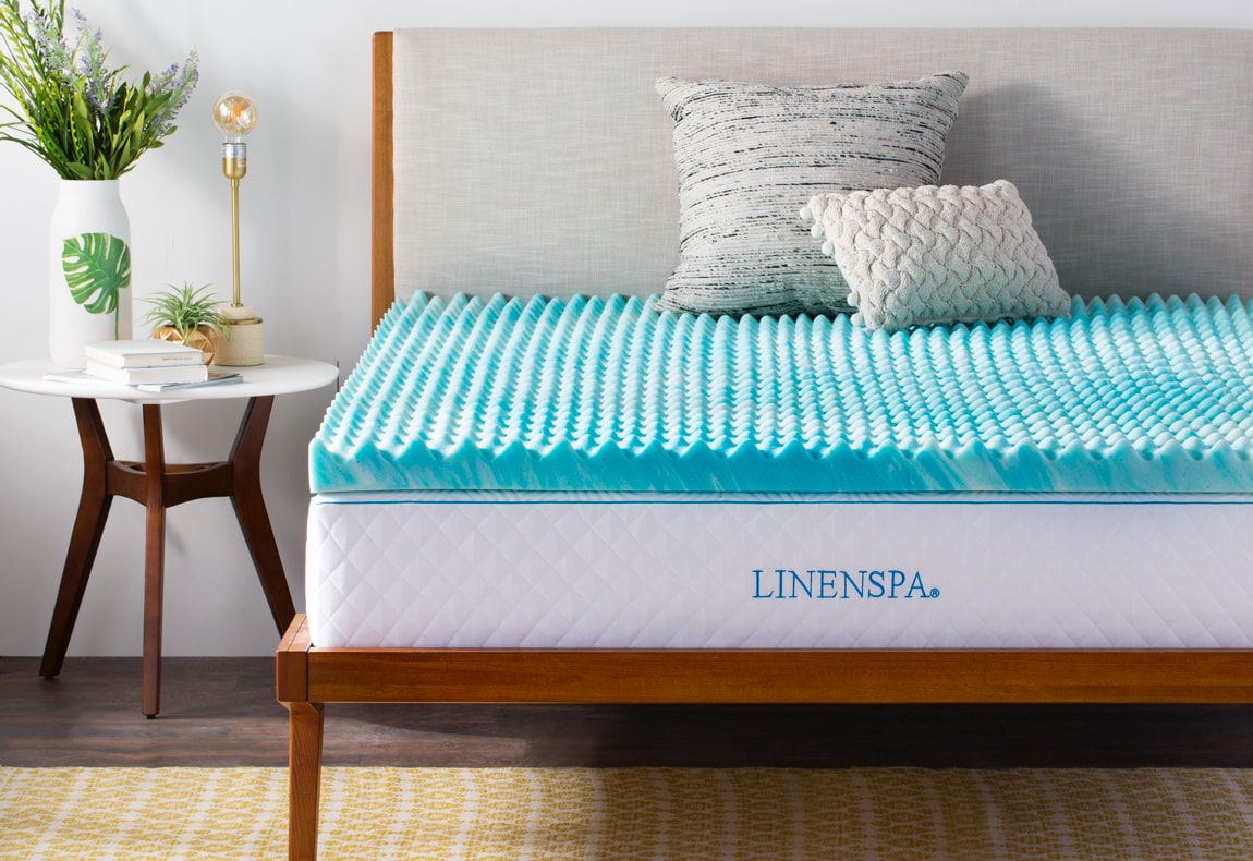 Linenspa 3 Inch Convoluted Gel Memory Foam Mattress Topper on Wood Bed