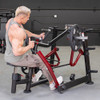 Build mid-back thickness and lat width with the Power Leverage V2 Dual Hinge Seated Row by Muscle D Fitness. Heavy-duty 11-gauge commercial plate-loaded row machine.