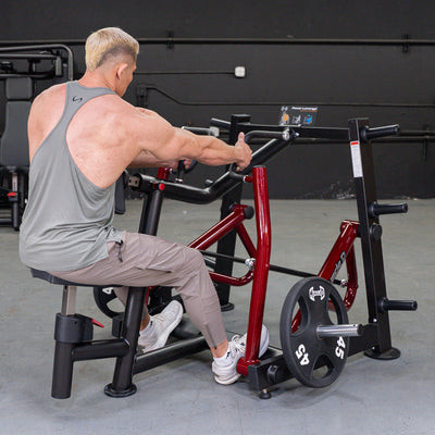 Build mid-back thickness and lat width with the Power Leverage V2 Dual Hinge Seated Row by Muscle D Fitness. Heavy-duty 11-gauge commercial plate-loaded row machine.