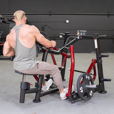 Build mid-back thickness and lat width with the Power Leverage V2 Dual Hinge Seated Row by Muscle D Fitness. Heavy-duty 11-gauge commercial plate-loaded row machine.