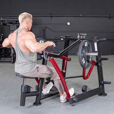 Build mid-back thickness and lat width with the Power Leverage V2 Dual Hinge Seated Row by Muscle D Fitness. Heavy-duty 11-gauge commercial plate-loaded row machine.