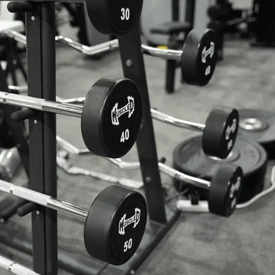 Muscle D Fitness - Pro Urethane Barbell Set (20 to 110 lbs) with Barbell Rack