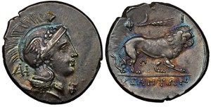 1080231 GREEK. LUCANIA. Velia. Philistion group. (c. 300-280 BC). Struck circa 300-280 BC. AR Didrachm. NGC Ch. XF✭ (Choice Extremely Fine ✭) Strike 5/5 Surface 5/5.  22mm. 7.49gm. Helmeted head of Athena, bowl decorated with griffin; ΑΘΗ behind n...