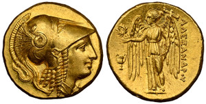 1080269 GREEK. KINGDOM OF MACEDON. Alexander III, 'the Great'. (King, 336-323 BC). Late lifetime-early posthumous issue, struck circa 323-320 BC. AV Stater. NGC Ch. MS (Choice Mint State) Strike 5/5 Surface 5/5.  Amphipolis. 8.61gm. Helmeted head ...